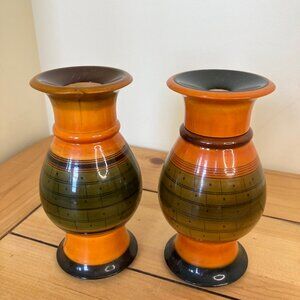 Turned Wood Lacquer Decorative Vase Set of 2 Orange & Green Hand Painted Design